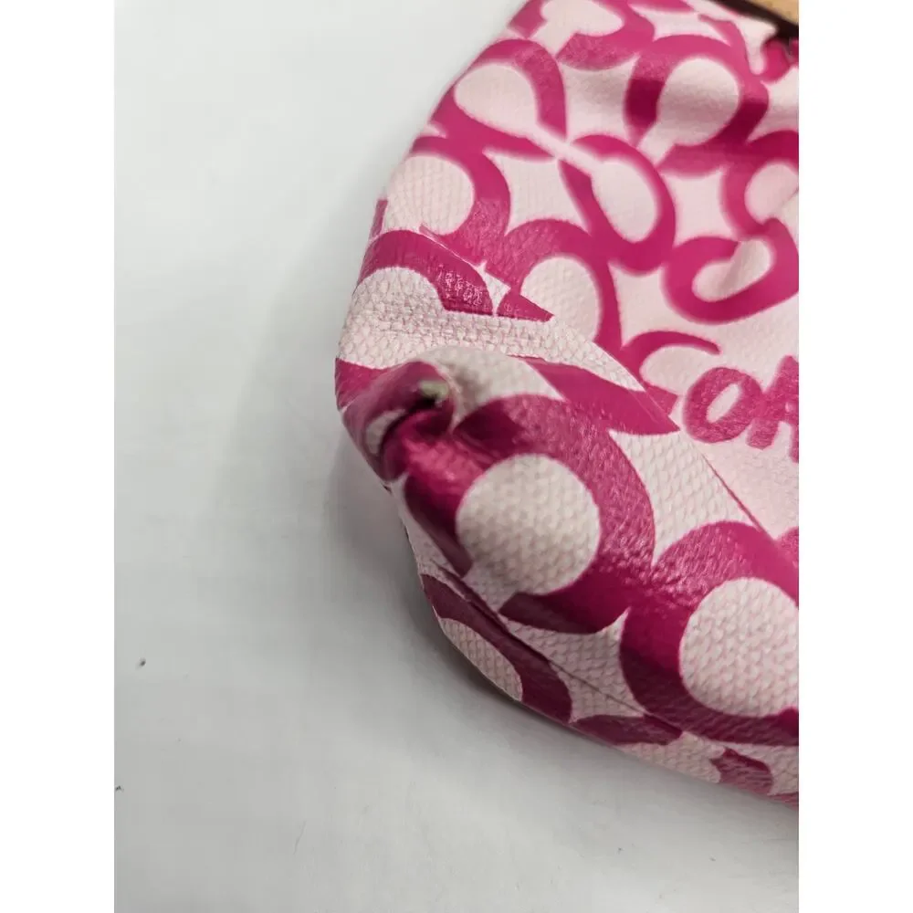 Coach Leah Opt Art Pink Coated Canvas Tan Leather Cosmetic Toiletry Make-up Bag‎
